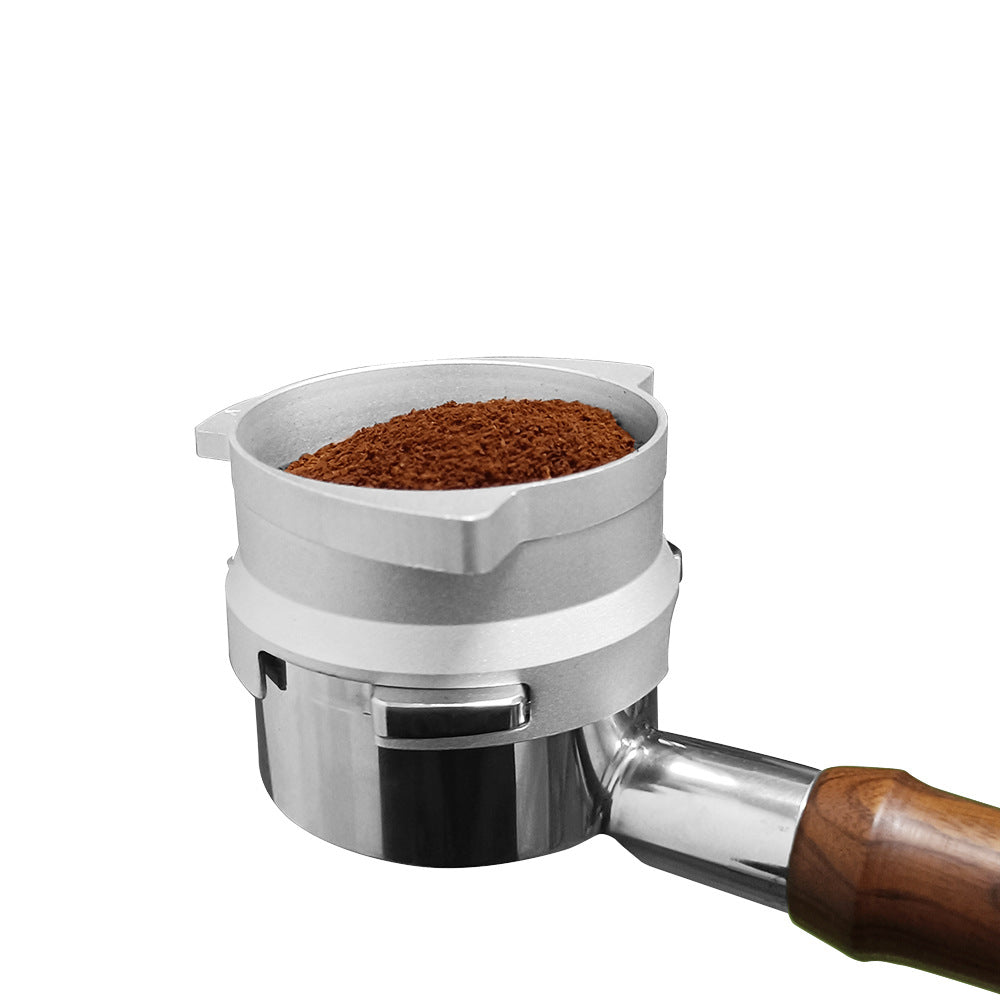 Breville-compatible 54mm portafilter fitted with a dosing funnel and filled with freshly ground coffee - Grind Logic