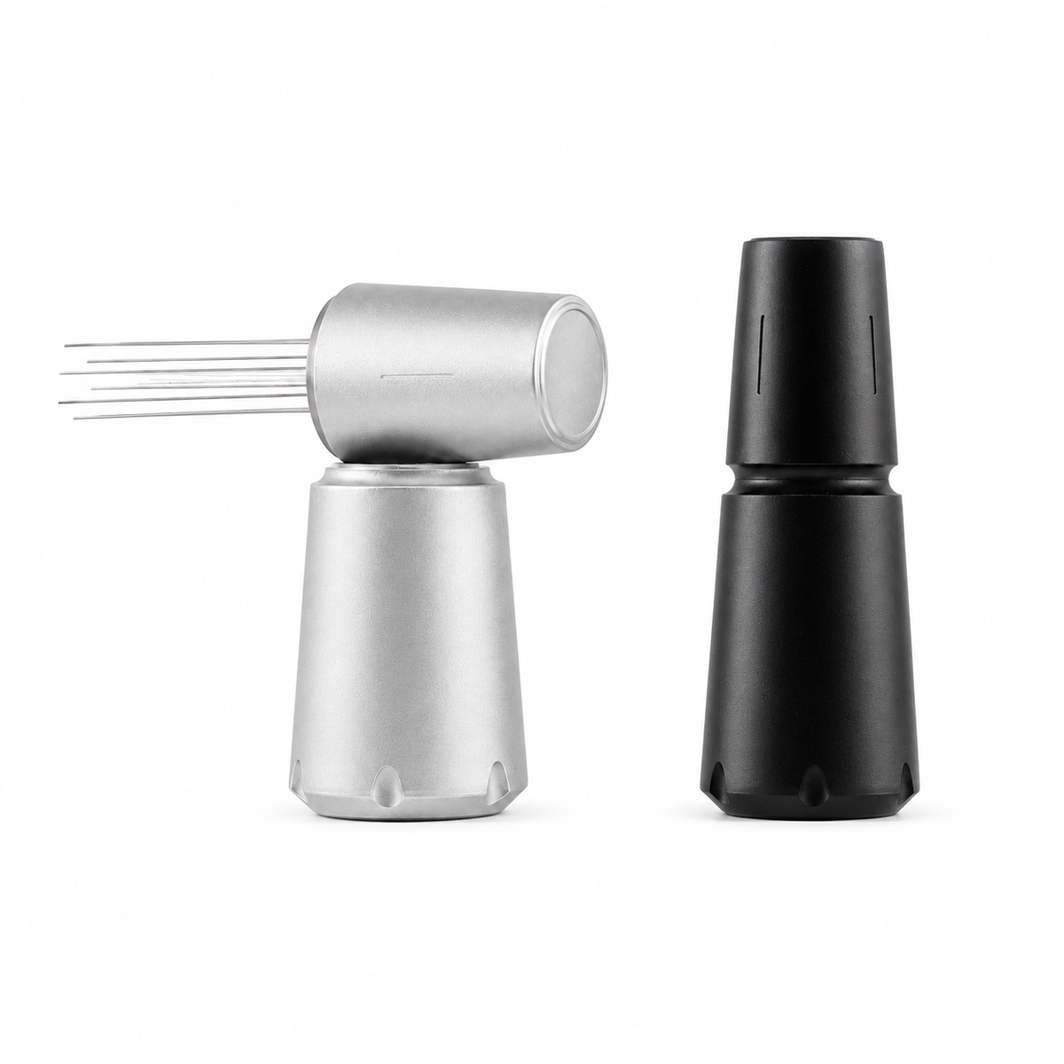 Grind Logic espresso WDT tools with matching stands in matte black and silver