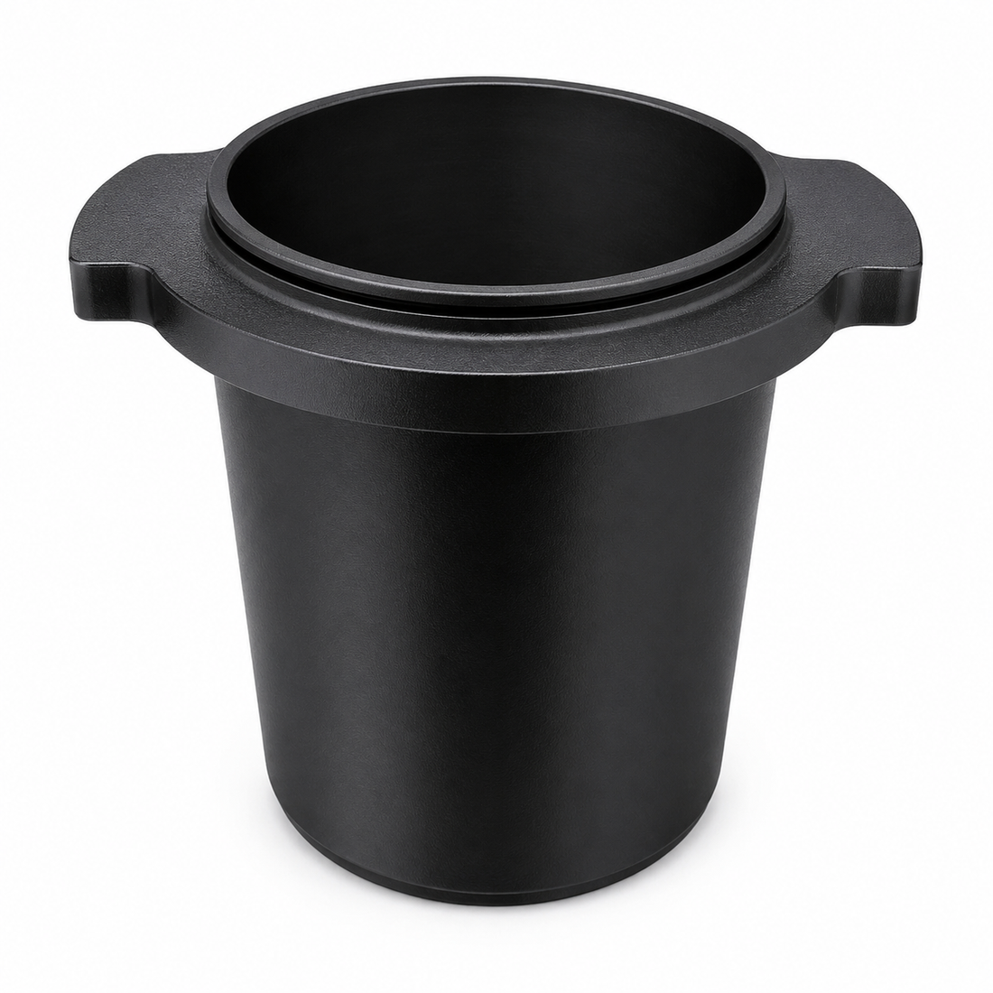 Black Aluminium metal dosing cup against white background for DF54 coffee grinder and DF64 Coffee Grinder