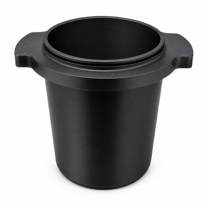 Black Aluminium metal dosing cup against white background for DF54 coffee grinder and DF64 Coffee Grinder