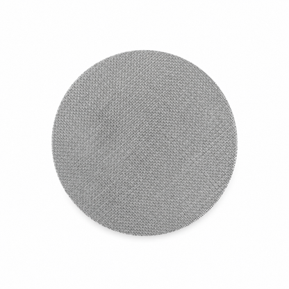 Round stainless steel mesh espresso puck screen with fine mesh surface on a white background - Grind Logic