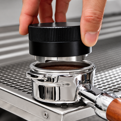 Hand holding a black coffee distributor above a portafilter basket on an espresso machine.