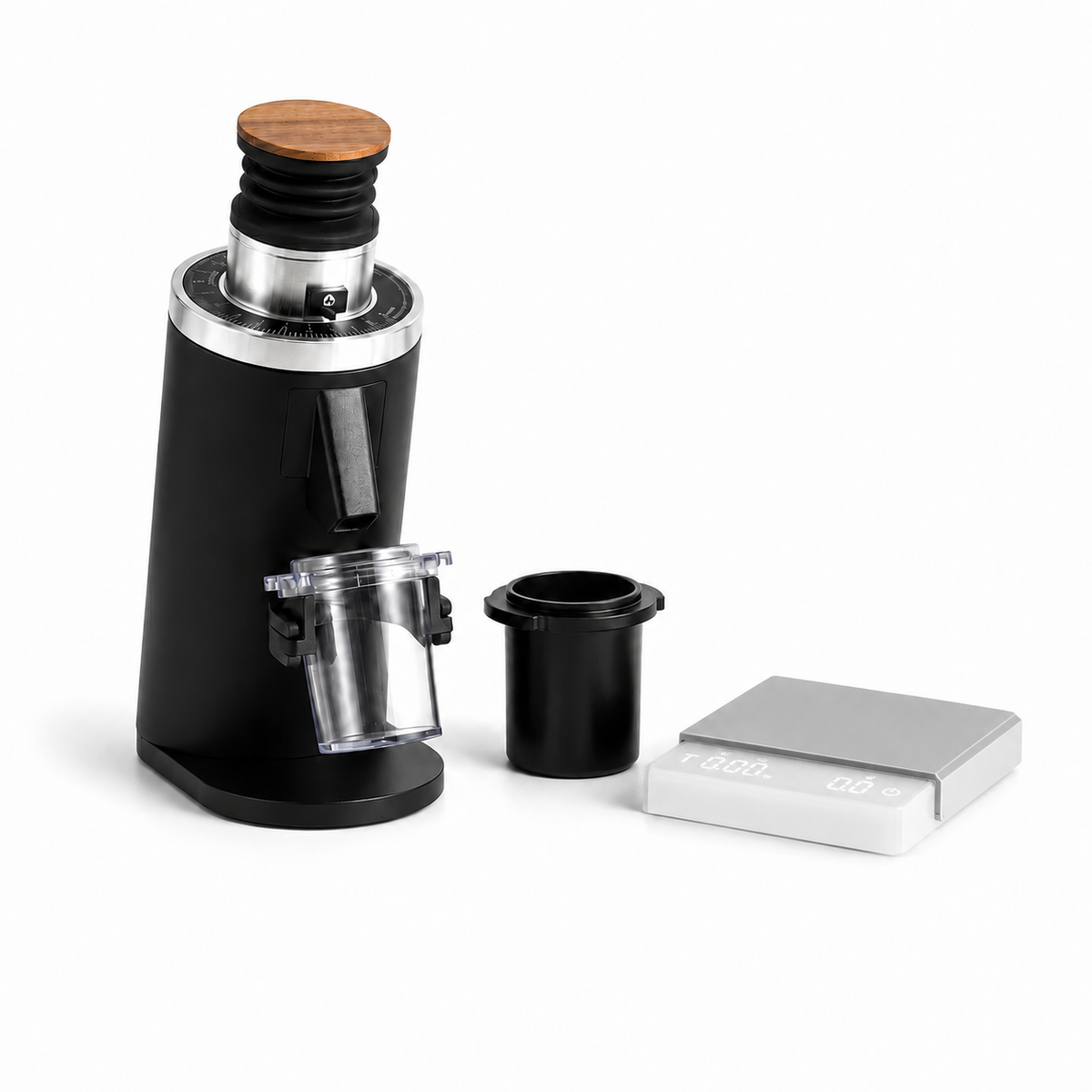 Grind Logic DF54 black coffee grinder bundle with metal dosing cup and Mini Espresso Scale
