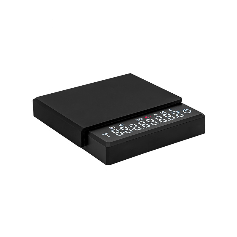 Grind Logic Mini Espresso Scale in black with digital weight and timer display