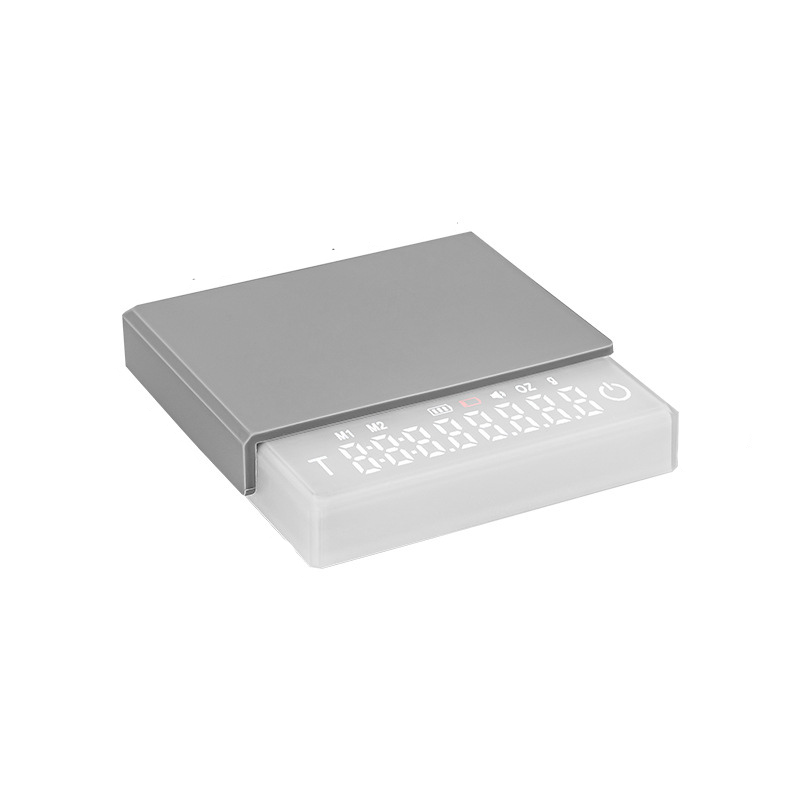 Grind Logic Mini Espresso Scale in white with digital weight and timer display