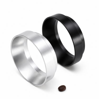 Grind Logic black and silver magnetic portafilter dosing funnels on a white background